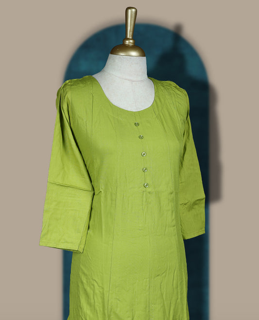 Parrot green colour cotton kurthi with front buttons, 3/4th sleeves, and a round neckline & Perfect for daily wear, office, or layering, Soft, breathable fabric ensures all-day comfort and ease.