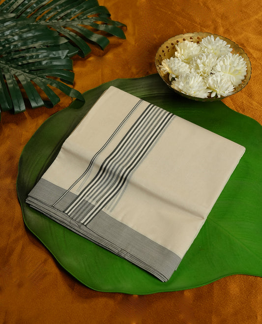 Cream Colour Pure Cotton double Dhoti with Black and White  stripped Colour Border for Men