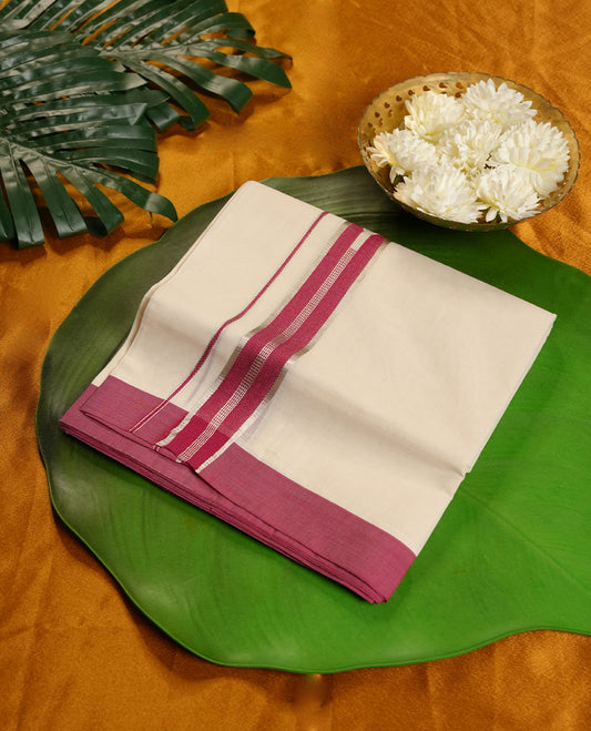 Cream Colour Pure Cotton double Dhoti with red and silver Colour designer Border for Men