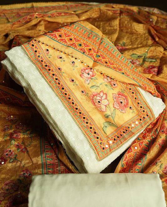 White colour churidhar material featuring Mirror and thread embroidery, foral print pattern on the contrast Yellow colour front panel, floral digital printed dupatta with elegant border, and matching plain bottom