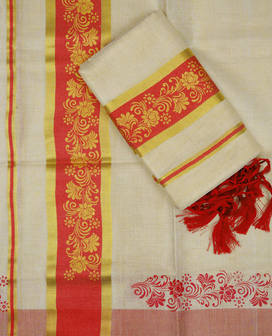 Light Gold Tissue set mundu featuring gold & red colour design printed kara.