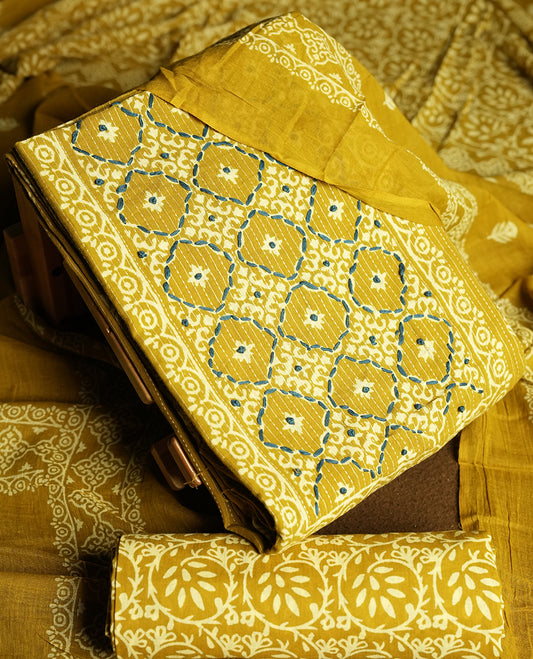 Dark golden yellow colour cotton churidar material featuring stripped body intricate white and blue thread work on block prints, complemented by a beautifully printed dupatta and matching printed bottom.