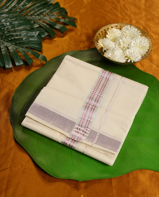 Cream Colour Pure Cotton double Dhoti with Rose gold and silver Colour Border for Men