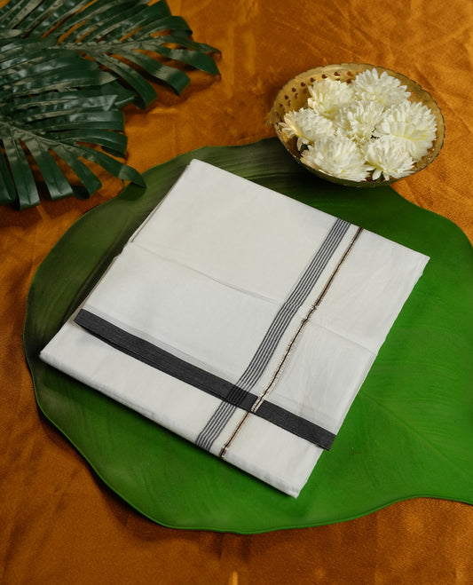 White Colour MINISTER WHITE Pure Cotton double Dhoti with Black and silver Colour Border for Men