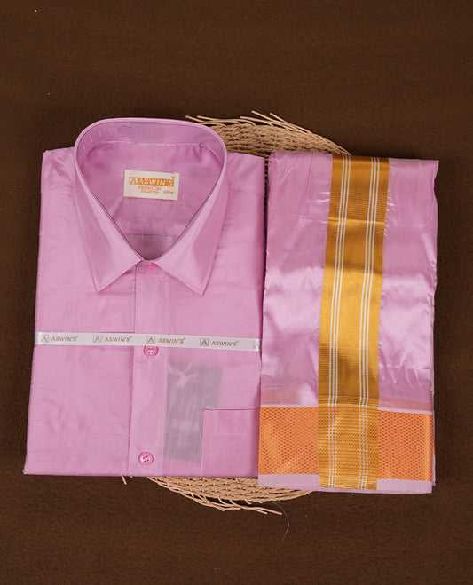 Gazel colour Aswin’s wedding set featuring a refined silk shirt and matching dhoti with gold  zari detailing, crafted for timeless elegance and perfect for traditional weddings and festive occasions.