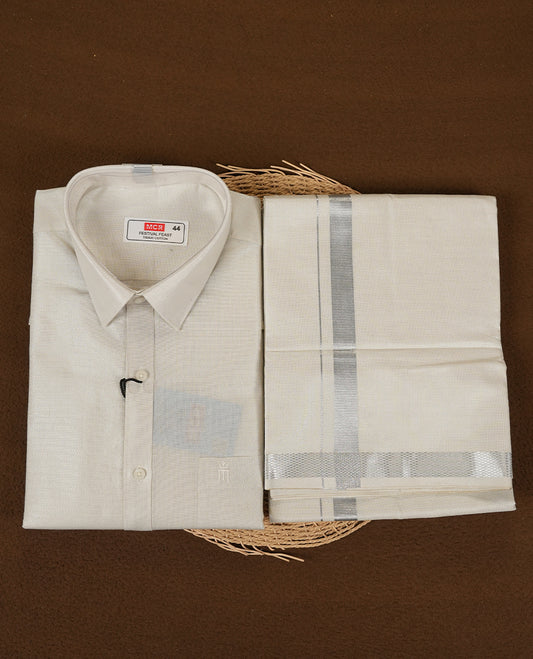 Off-White Tissue Cotton Full Sleeve Shirt with Pure White Dhoti Set Featuring Rich Silver Zari Border and Complimentary Perfume