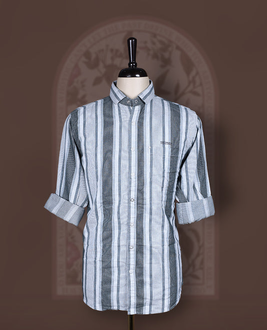 Pastel green and off white self striped shirt crafted from soft Katrai cotton , Designed with roll up sleeves and a classic collar, this breathable piece blends traditional texture with a relaxed, modern silhouette.
