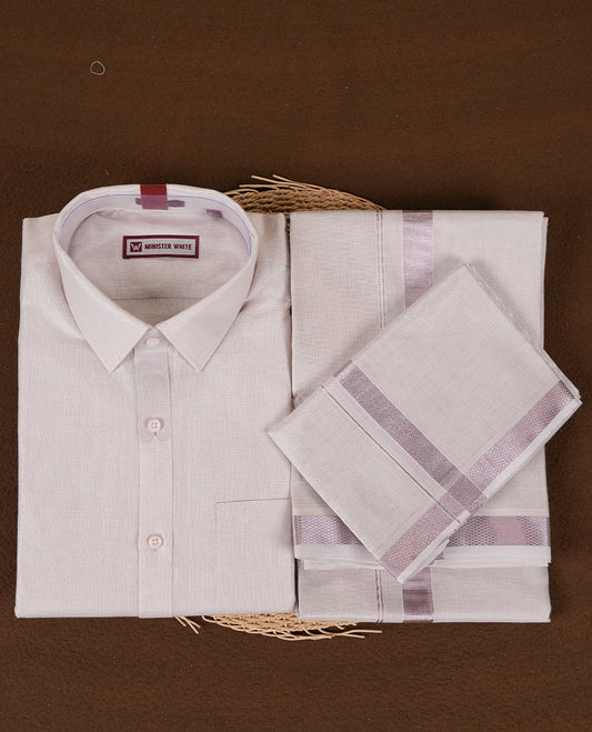Light Rose colour Minister White traditional men's shirt paired with a matching dhoti with a rose gold border.