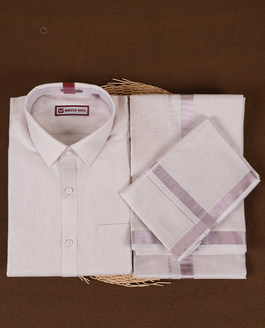 Light Rose colour Minister White traditional men's shirt paired with a matching dhoti with a rose gold border.