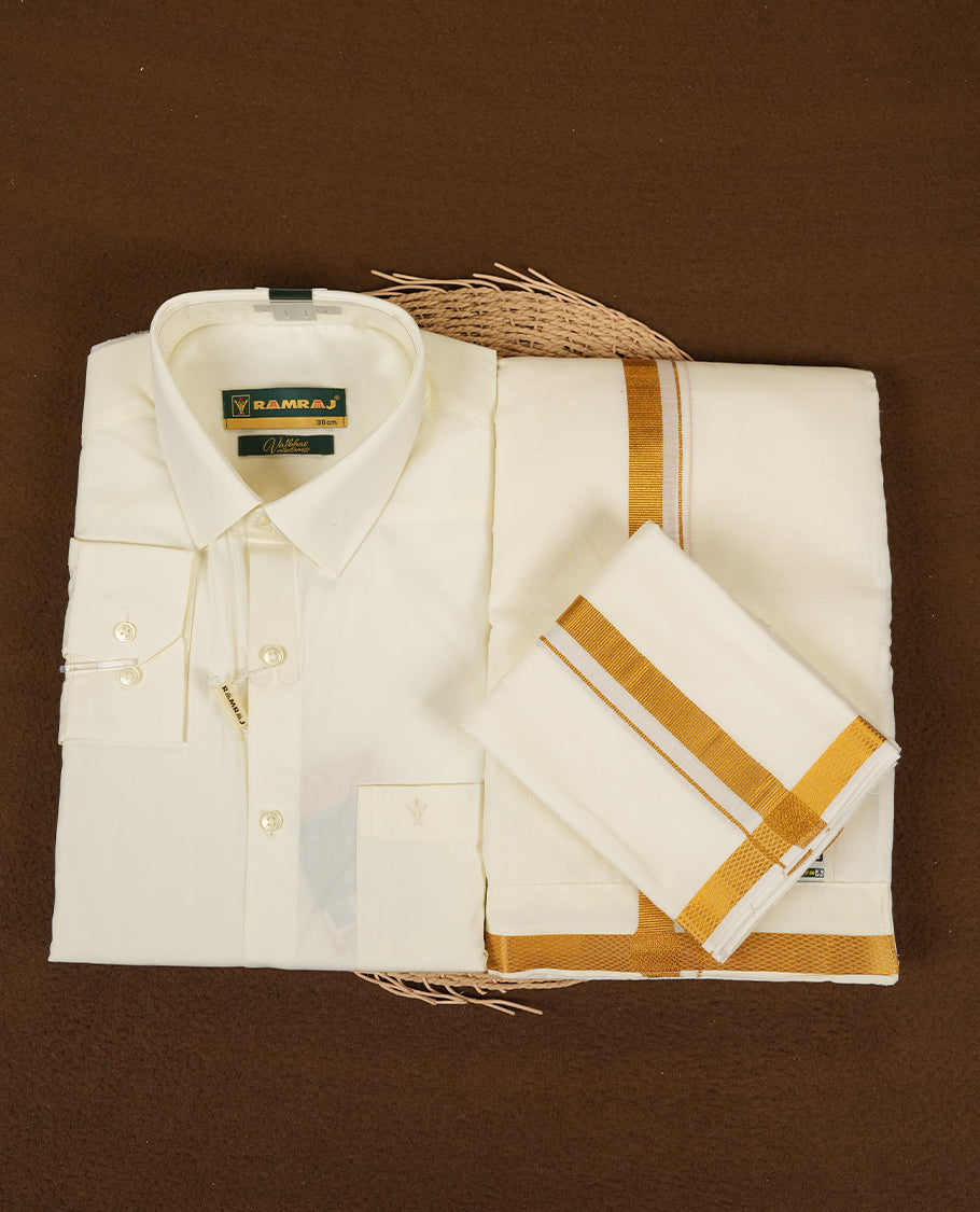 RAMRAJ Cream Colour shirt paired with a matching dhoti and towel, all elegantly finished with a gold border.
