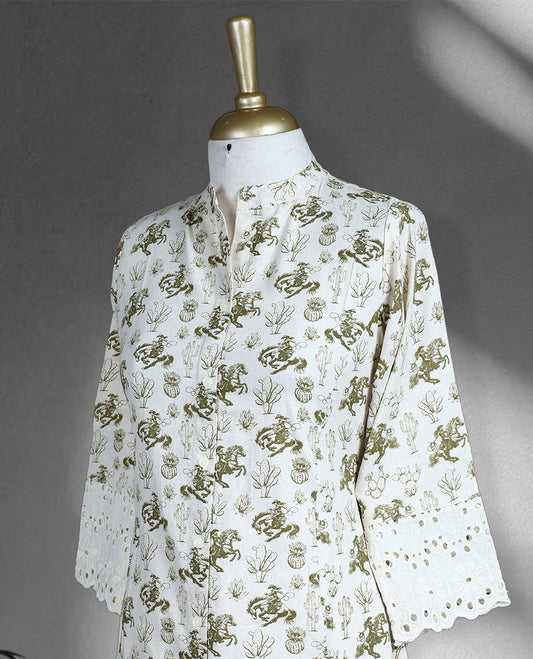 Off white colour cord set with olive green floral prints, featuring a mandarin collar straight kurta with front slit and 3/4th sleeves detailed with lace, paired with matching straight pants.