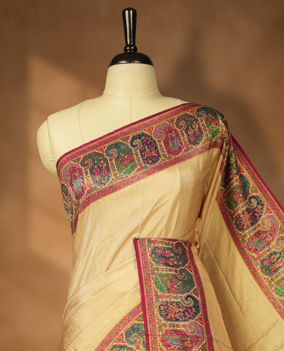 Beige Pashmina Silk Saree with Plain Body, Adorned with Intricately Woven Multicolor Elephant, Peacock, and Floral Motifs on Vibrant Pink-Green Zari Border & Grand Pallu, Paired with Matching Blouse Piece