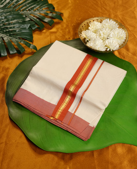 Cream Colour Pure Cotton double Dhoti with orange and gold Colour Border for Men