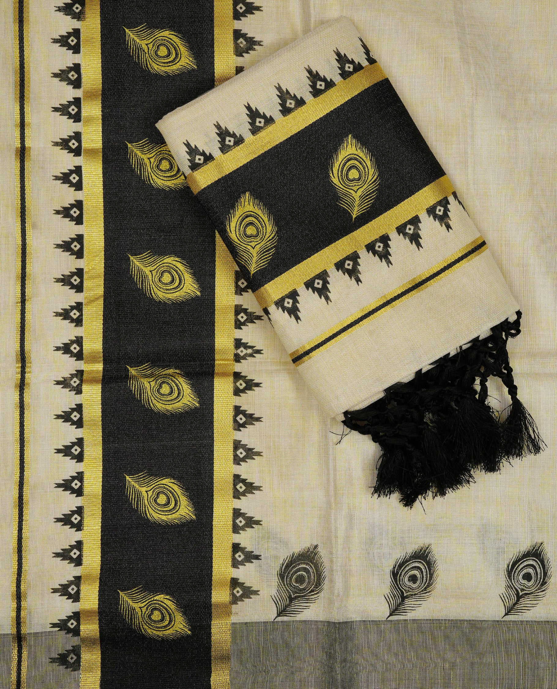 Light gold tissue set mundu featuring gold Peacock futher print on black & gold kara.