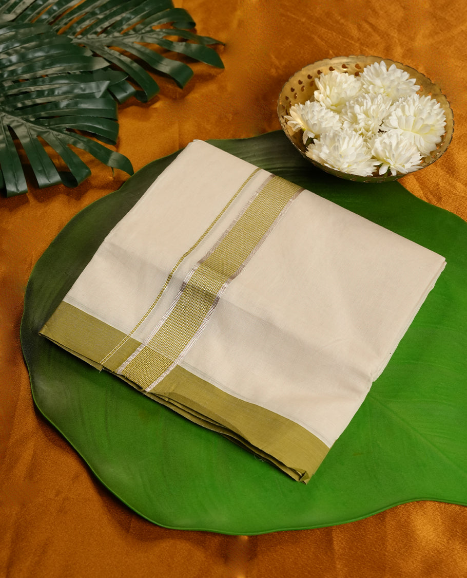 Cream Colour Pure Cotton double Dhoti with Lemon green and Rose gold Colour Border for Men