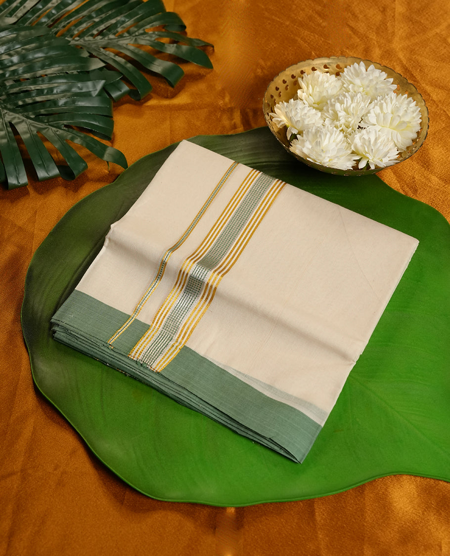 Cream Colour Pure Cotton double Dhoti with green,silver,gold Colour Border for Men