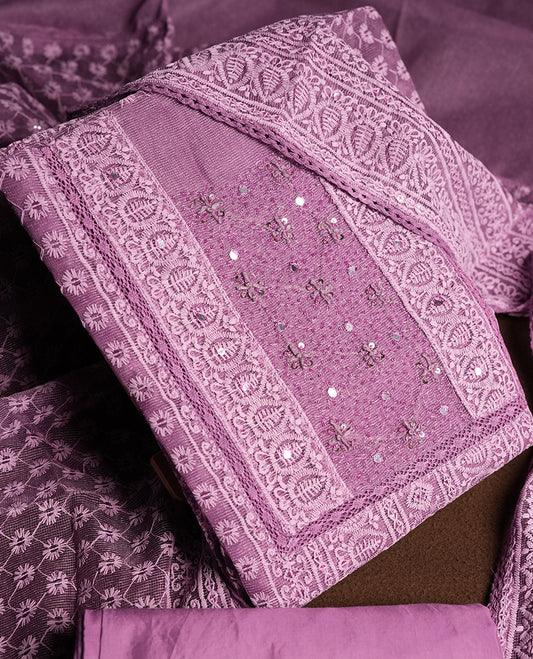 Purple Churidar Material featuring Intricate Thread Embroidery with Mirror and Cut Beads Work on the Front Panel, paired with an All Over Embroidered Net Dupatta and Matching Bottom