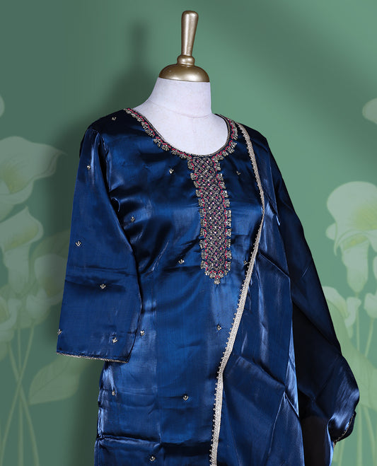 Blue colour churidar set featuring elegant gold thread embroidery & cut beats on the neckline, sleeves, and scattered motifs across the body, Paired with a matching embroidered dupatta