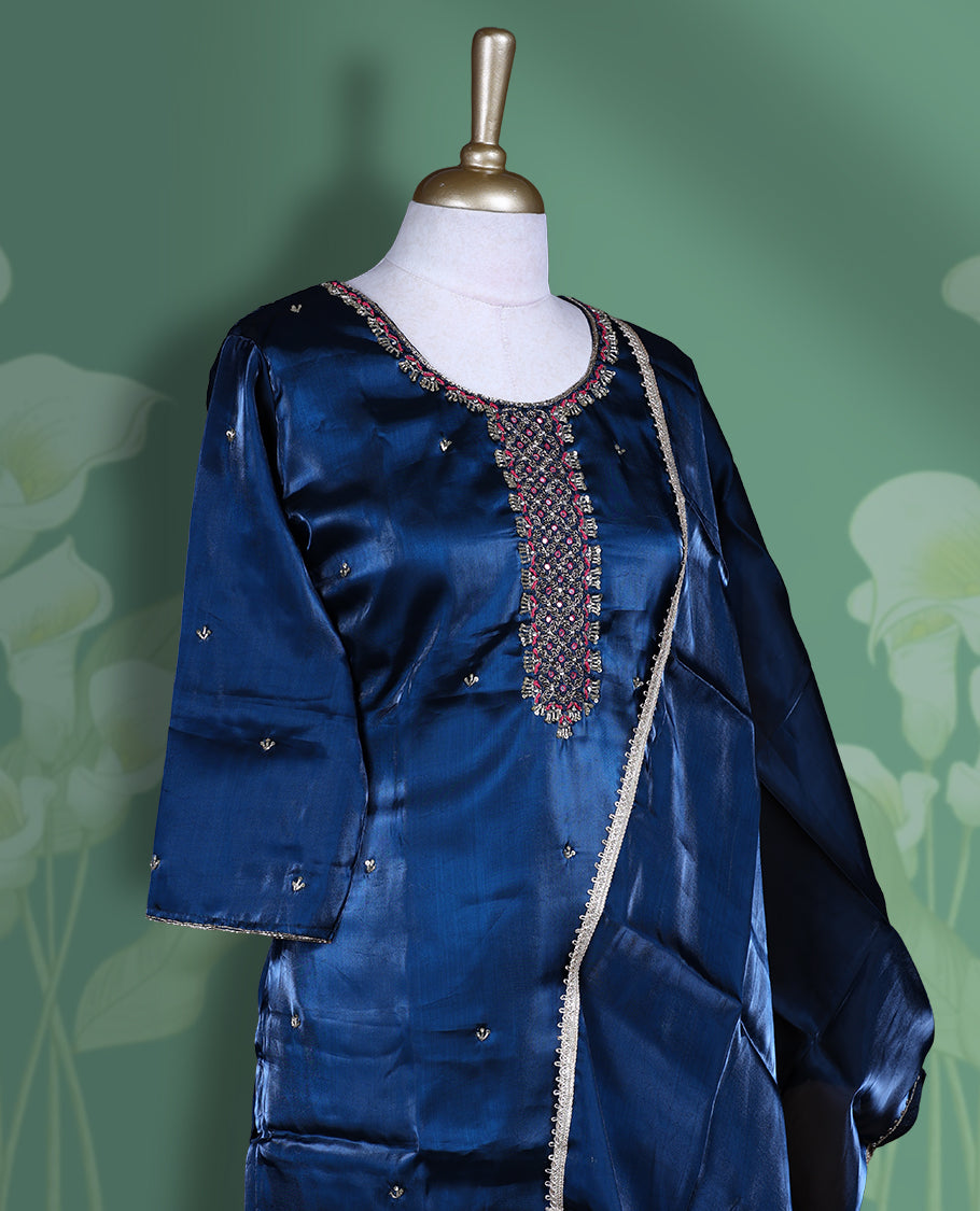Blue colour churidar set featuring elegant gold thread embroidery & cut beats on the neckline, sleeves, and scattered motifs across the body, Paired with a matching embroidered dupatta