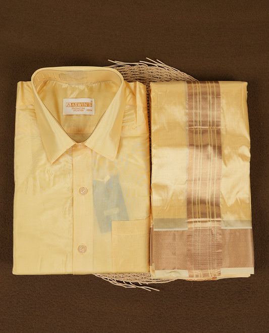 Champ colour Aswin’s wedding set featuring a refined silk shirt and matching dhoti with gold  zari detailing, crafted for timeless elegance and perfect for traditional weddings and festive occasions.