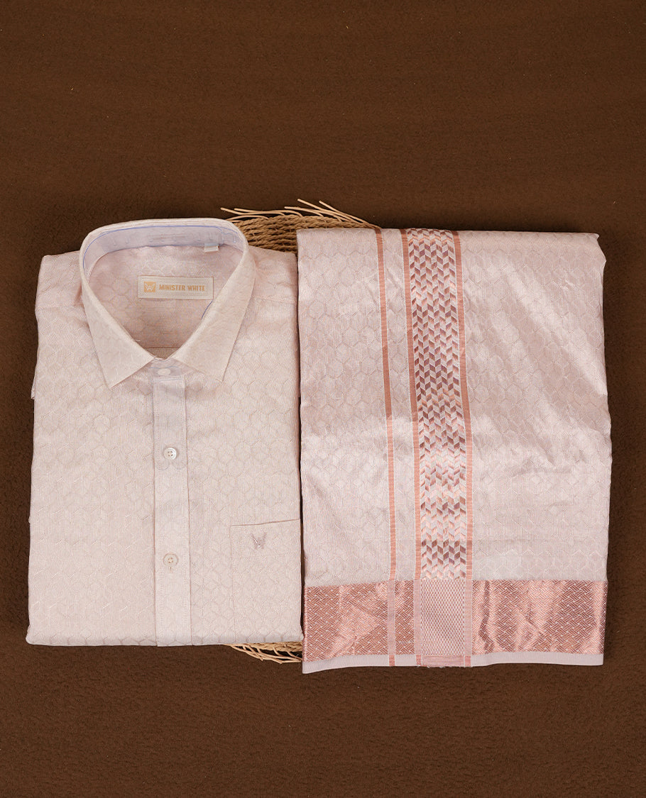 Light Copper colour Minister White traditional men's shirt paired with a matching dhoti with a rose gold border.