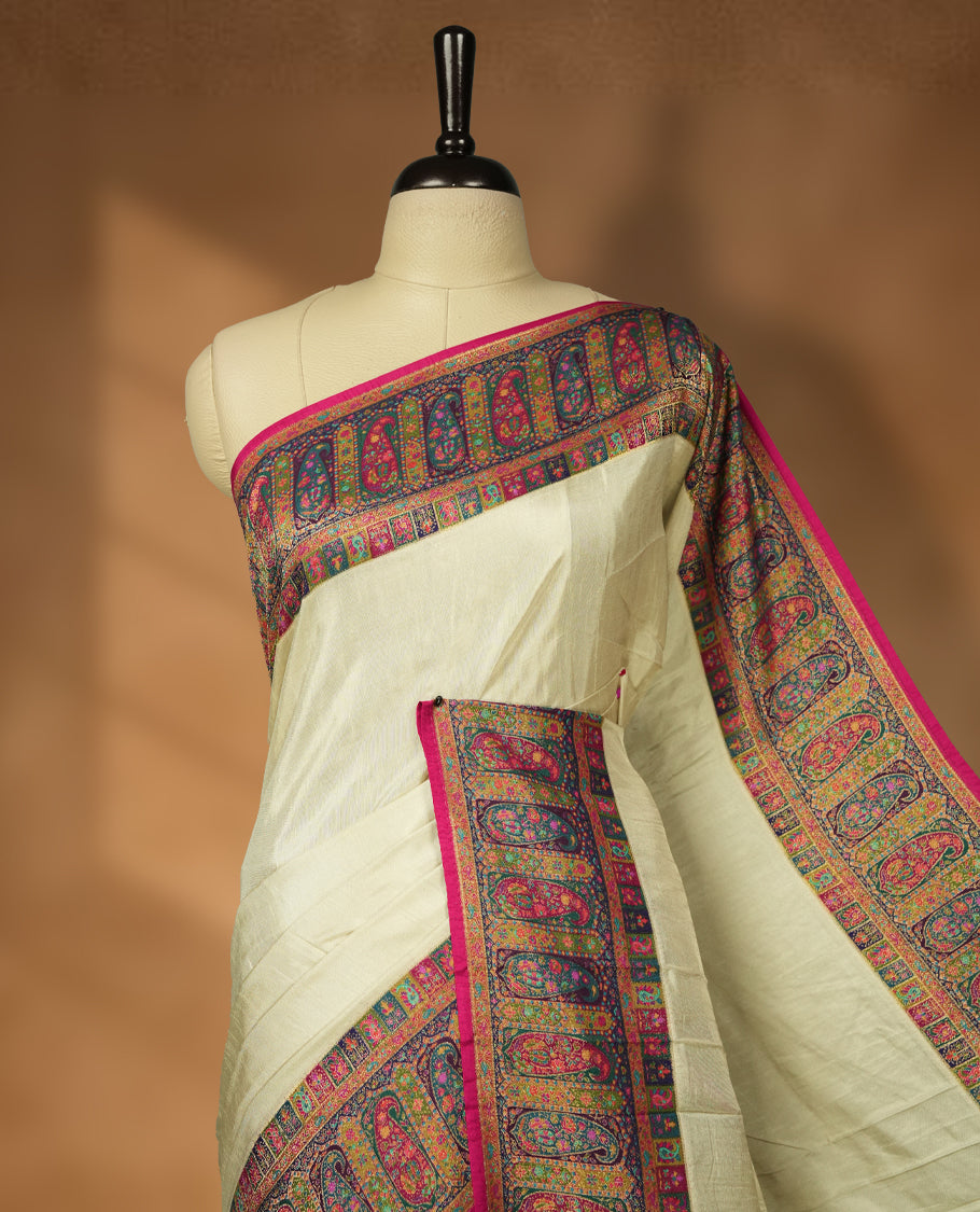 Cream Pashmina Silk Saree with Plain Body, Adorned with Intricately Woven Multicolor Paisley and Floral Motifs on Vibrant Pink-Gold Zari Border & Grand Pallu, Paired with Matching Blouse Piece