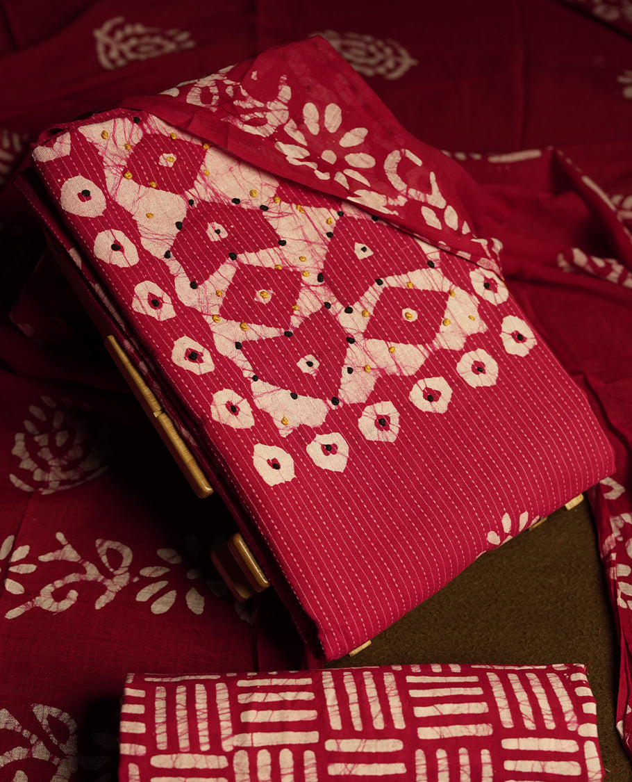 Dark Magenta & Off white cotton churidar material adorned with black & yellow colour thread work on the neckline, featuring tie dye patterns and a stripped body & Comes with a matching printed dupatta and coordinated printed bottom.