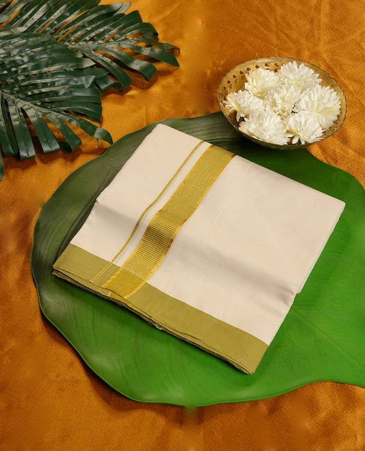 Cream Colour Pure Cotton double Dhoti with Lemon green and gold Colour Border for Men