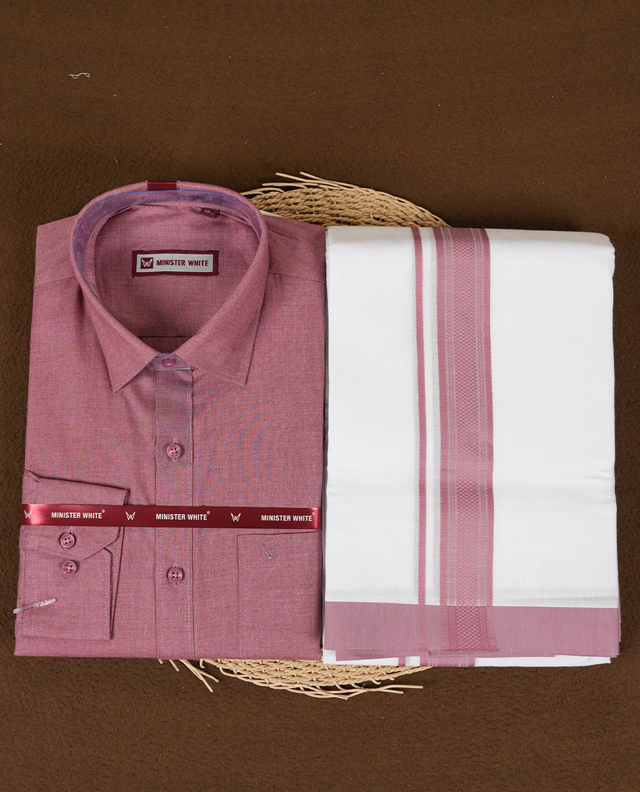 Dusty Rose colour traditional men's shirt and dhoti set from Minister White with Liberty Cut collar.