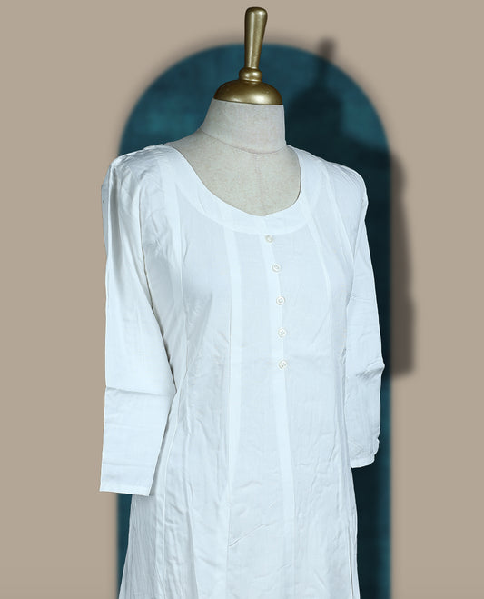 Off white colour cotton kurthi with front buttons, 3/4th sleeves, and a round neckline & Perfect for daily wear, office, or layering, Soft, breathable fabric ensures all-day comfort and ease.