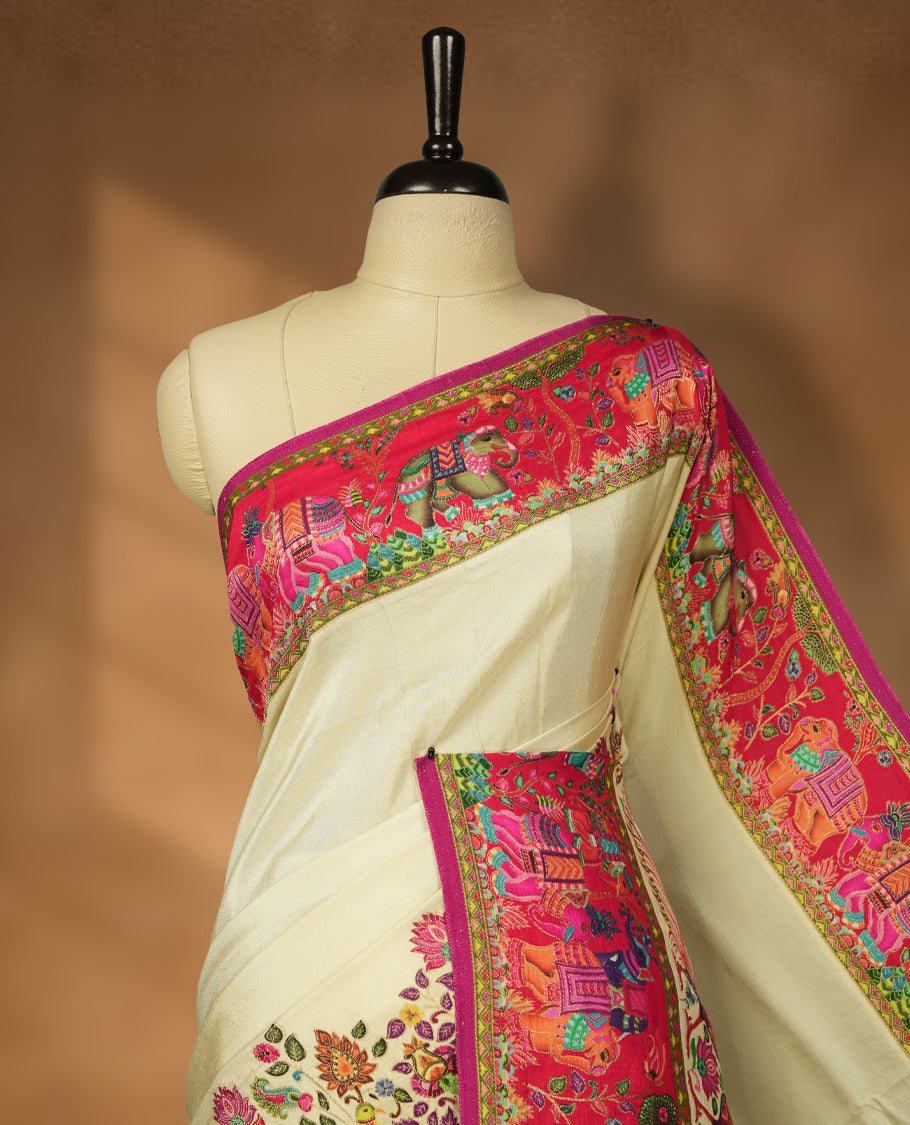 Cream Pashmina Silk Saree with Plain Body, Vibrant Multicolor Embroidered Elephant and Floral Motifs on Contrasting Pink Zari Border & Pallu, Paired with Matching Blouse Piece