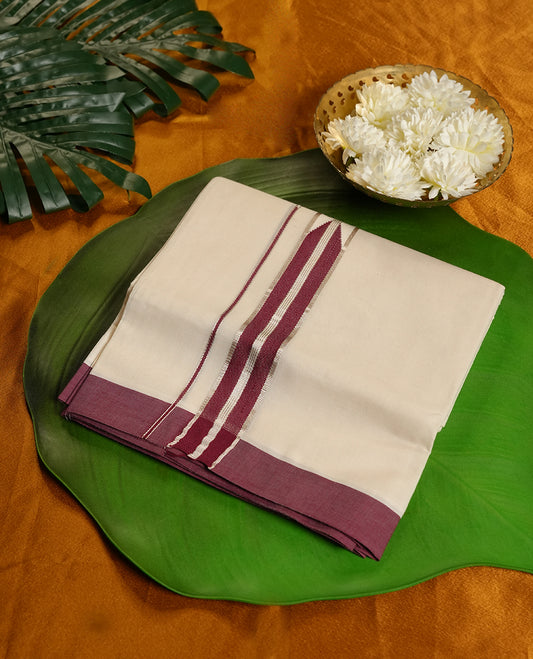 Cream Colour  Pure Cotton double Dhoti with maroon and silver Colour with designer Border for Men