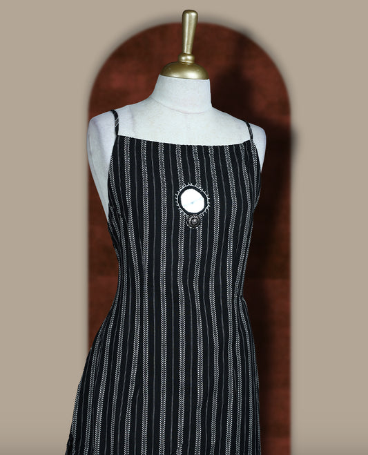 Black colour coord set featuring a sleeveless kurta with thin straps, highlighted by vertical white stripes all over the body,Elegant mirror on the neckline, paired with matching bottoms.