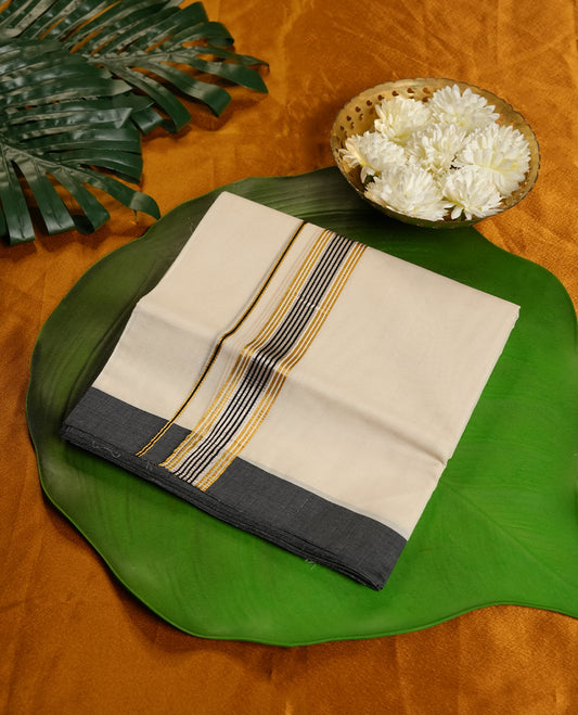 Cream Colour Pure Cotton double Dhoti with gold, black,silver Colour Border for Men