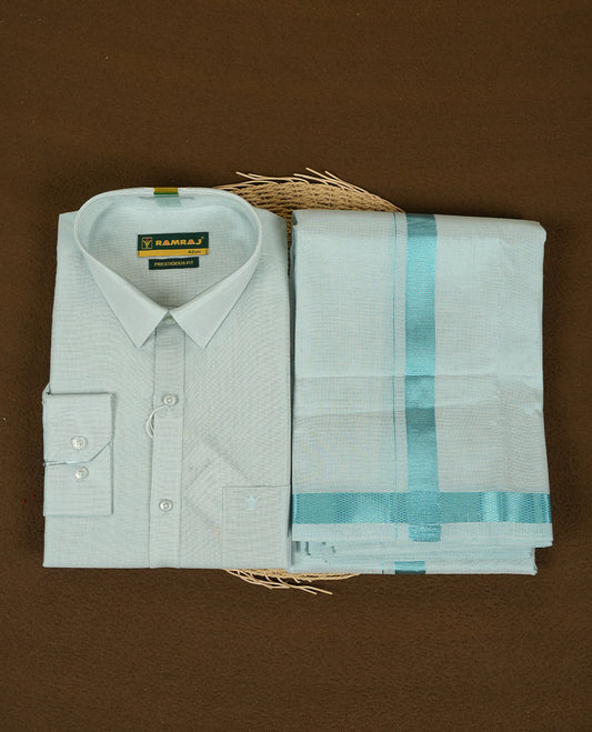RAMRAJ Cyan Colour shirt paired with a matching dhoti, elegantly finished with a gold border.