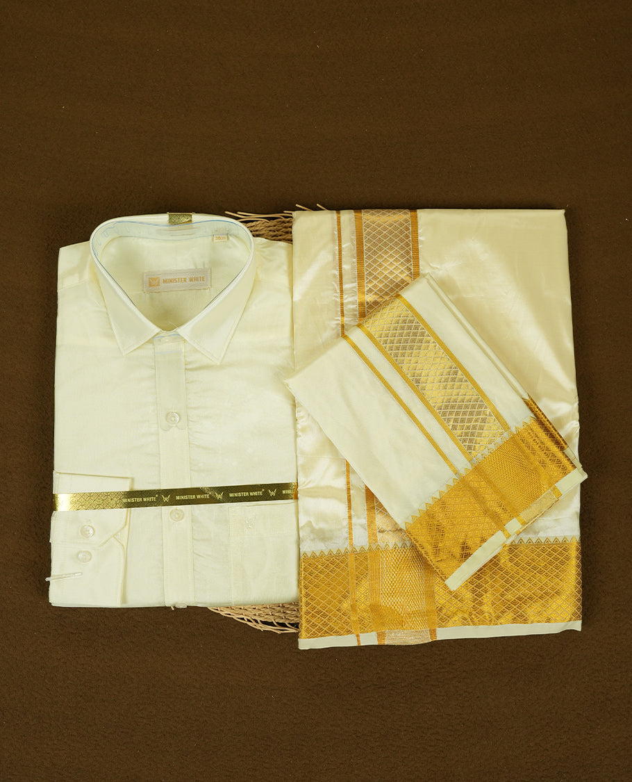 Cream gold coloured silk wedding shirt, dhoti, and towel set from MINISTER WHITE, featuring a gold zari border.