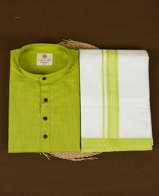 RAMRAJ Fuego Green Colour shirt paired with a matching dhoti, elegantly finished with a fuego green zari border.