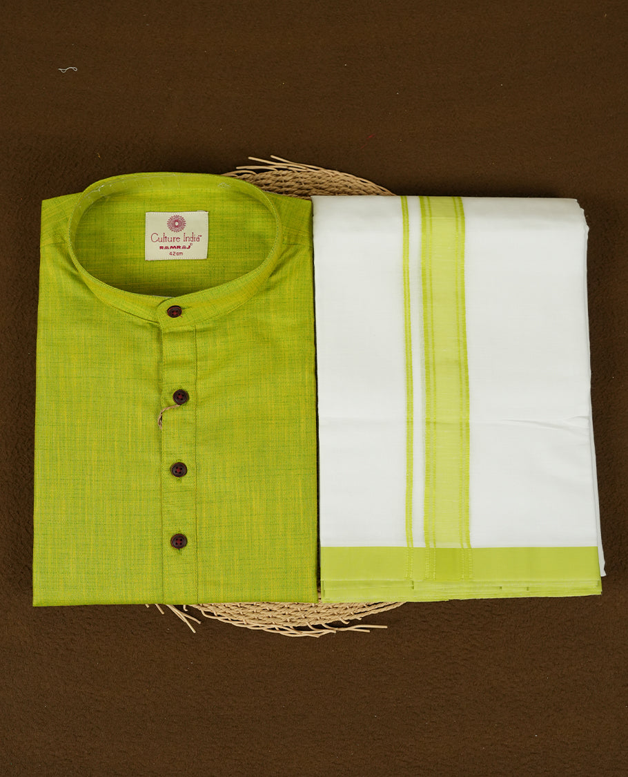 RAMRAJ Fuego Green Colour shirt paired with a matching dhoti, elegantly finished with a fuego green zari border.
