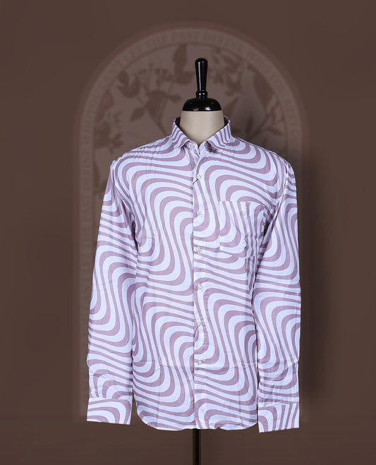 White colour cotton mix shirt adorned with pastel onion pink colour wavy geometric design, featuring a classic collar, long sleeves, and button down style for a chic and contemporary appeal.