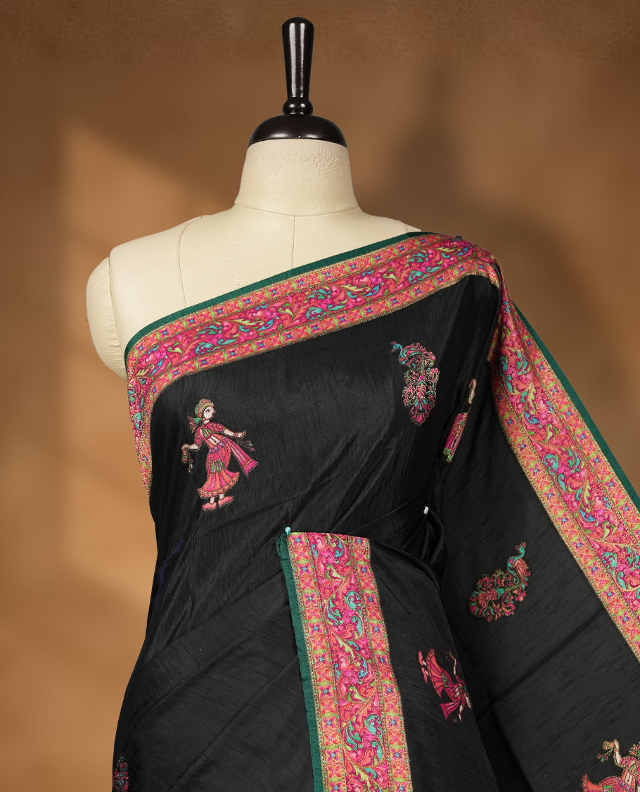 Black Pashmina Silk Saree with Intricate Embroidered Buti Work on Body, Detailed Multicolor Depictions of Royal Processions and Dancers on Vibrant Pink-Green Zari Border & Grand Pallu, Paired with Matching Blouse Piece