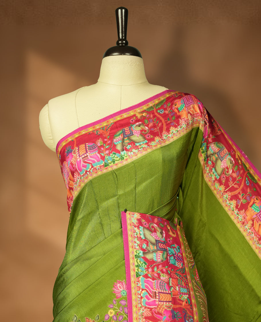 Olive Green Pashmina Silk Saree with Plain Body, Vibrant Multicolor Embroidered Elephant and Floral Design on Contrasting Pink Zari Border & Pallu, Paired with Matching Blouse Piece