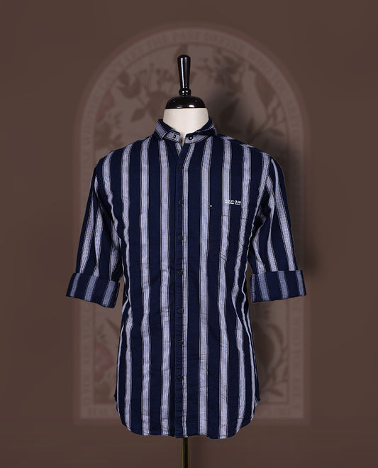 Navy blue colour katrai shirt with self stripes, crafted in breathable cotton, Features a mandarin collar and full sleeves, Smart, textured design perfect for casual or semi formal occasions.
