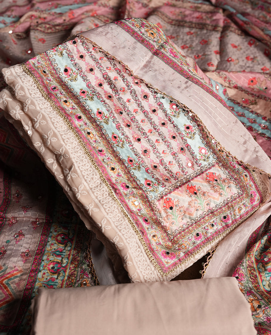 Walnut cream colour churidhar material featuring Mirror and thread embroidery, foral print pattern on the self colour front panel, floral digital printed dupatta with elegant border, and matching plain bottom