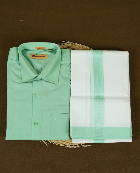 Mint Green Colour traditional men's shirt and dhoti set from Minister White with Liberty Cut collar.