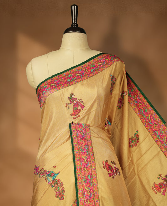 Beige Pashmina Silk Saree with Intricate Embroidered Buti Work on Body, Featuring Multicolor Dancer and Floral Motifs on Vibrant Pink-Green Zari Border & Grand Pallu, Paired with Matching Blouse Piece