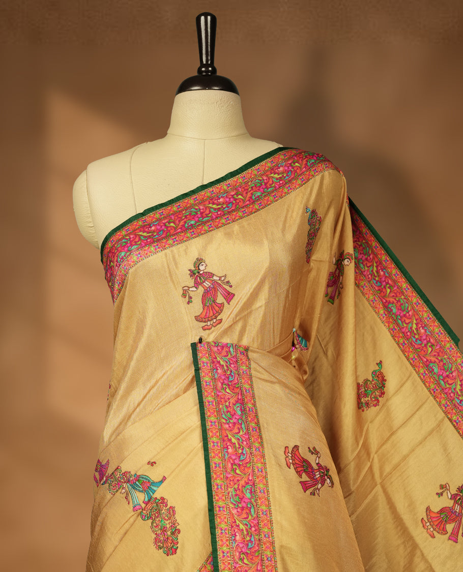 Beige Pashmina Silk Saree with Intricate Embroidered Buti Work on Body, Featuring Multicolor Dancer and Floral Motifs on Vibrant Pink-Green Zari Border & Grand Pallu, Paired with Matching Blouse Piece