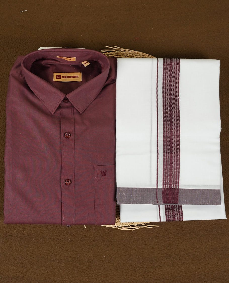Dark Brown colour traditional men's shirt and dhoti set from Minister White with Liberty Cut collar.