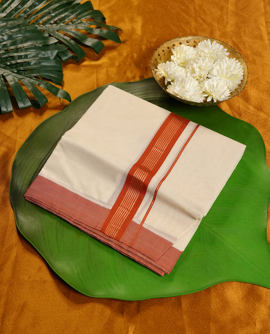 Cream Colour Pure Cotton double Dhoti with brick and gold Colour Border for Men