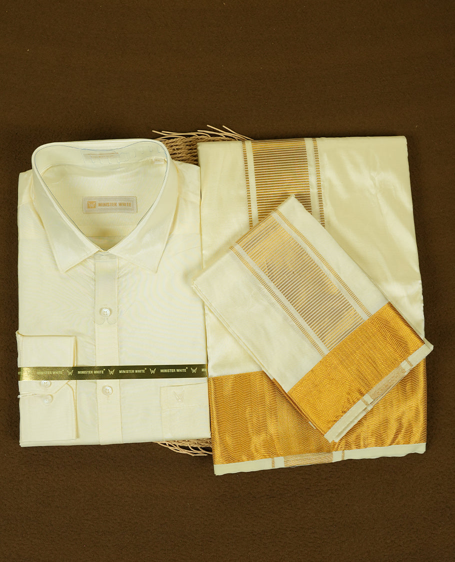 Cream Gold coloured silk wedding shirt, dhoti, and towel set from MINISTER WHITE, featuring a gold zari border.