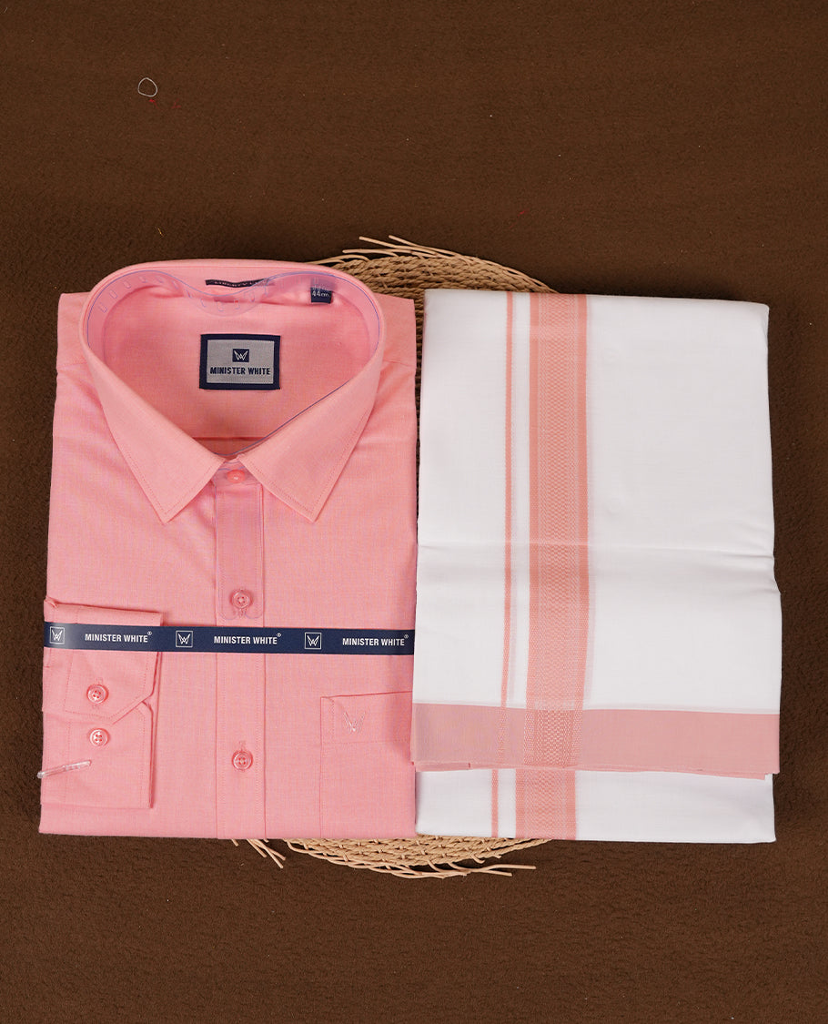 Pink Colour traditional men's shirt and dhoti set from Minister White with Liberty Cut collar.